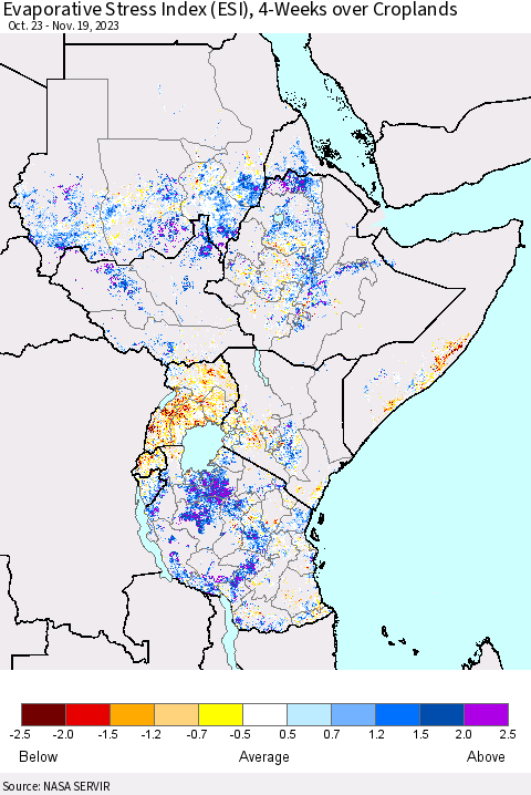 Eastern Africa Evaporative Stress Index (ESI), 4-Weeks over Croplands Thematic Map For 11/13/2023 - 11/19/2023