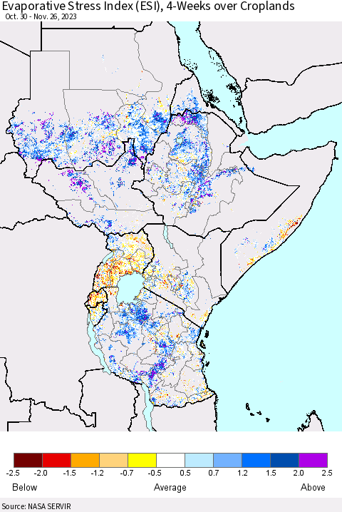 Eastern Africa Evaporative Stress Index (ESI), 4-Weeks over Croplands Thematic Map For 11/20/2023 - 11/26/2023
