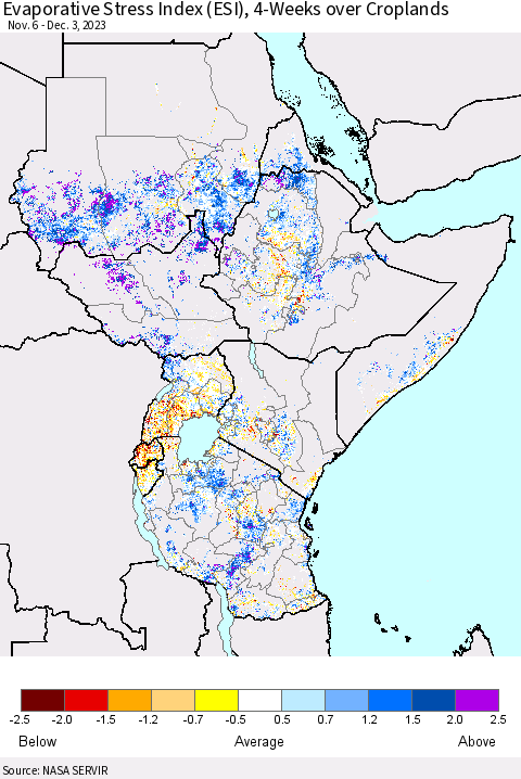 Eastern Africa Evaporative Stress Index (ESI), 4-Weeks over Croplands Thematic Map For 11/27/2023 - 12/3/2023