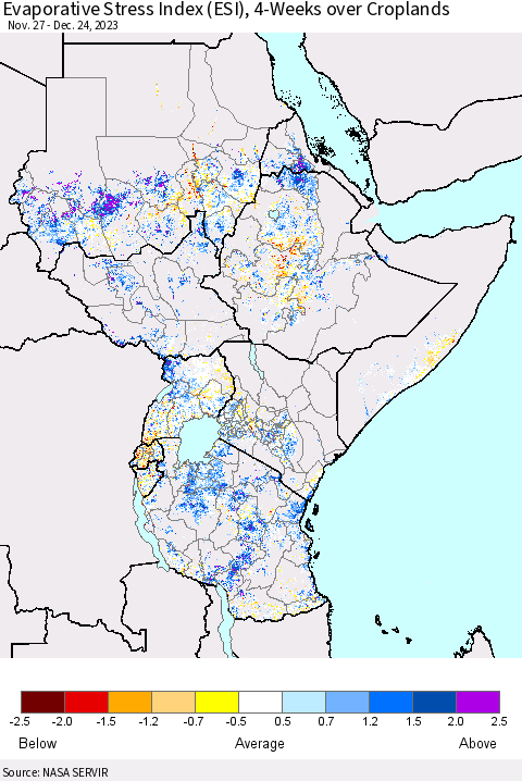 Eastern Africa Evaporative Stress Index (ESI), 4-Weeks over Croplands Thematic Map For 12/18/2023 - 12/24/2023