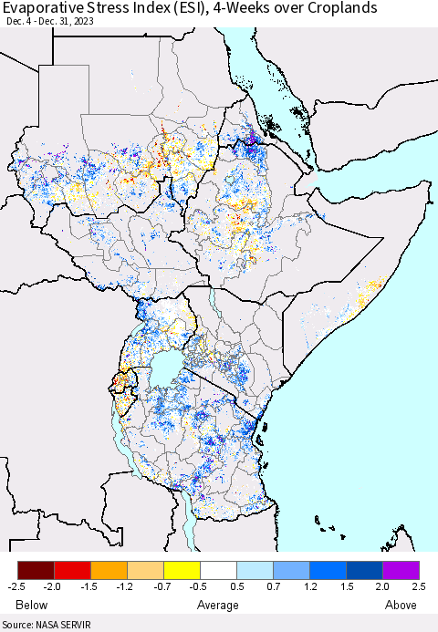 Eastern Africa Evaporative Stress Index (ESI), 4-Weeks over Croplands Thematic Map For 1/1/2024 - 1/7/2024