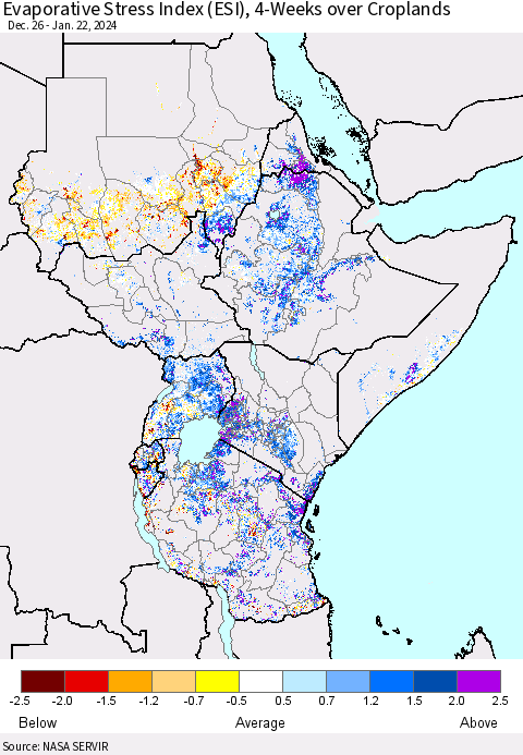 Eastern Africa Evaporative Stress Index (ESI), 4-Weeks over Croplands Thematic Map For 1/22/2024 - 1/28/2024