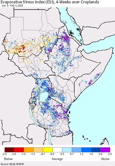 Eastern Africa Evaporative Stress Index (ESI), 4-Weeks over Croplands Thematic Map For 2/5/2024 - 2/11/2024