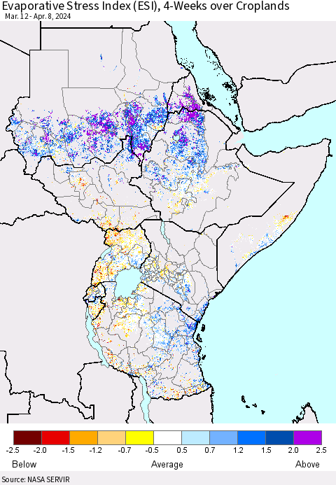 Eastern Africa Evaporative Stress Index (ESI), 4-Weeks over Croplands Thematic Map For 4/8/2024 - 4/14/2024