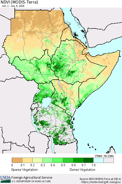 Eastern Africa NDVI (Terra-MODIS) Thematic Map For 1/1/2018 - 1/10/2018