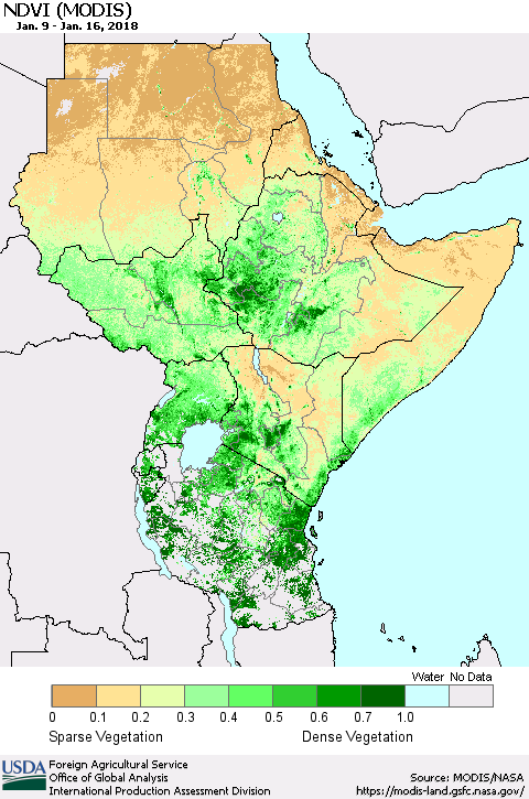 Eastern Africa NDVI (Terra-MODIS) Thematic Map For 1/11/2018 - 1/20/2018