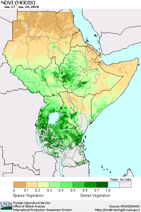 Eastern Africa NDVI (Terra-MODIS) Thematic Map For 1/21/2018 - 1/31/2018