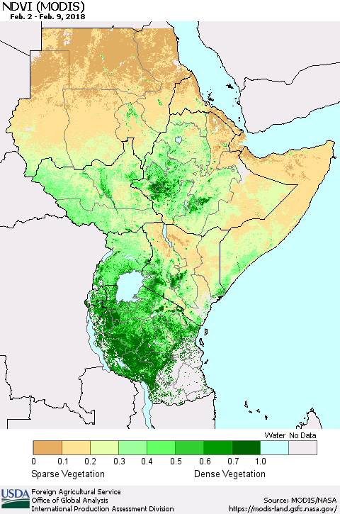 Eastern Africa NDVI (Terra-MODIS) Thematic Map For 2/1/2018 - 2/10/2018