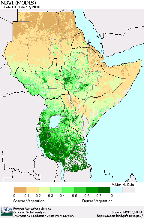 Eastern Africa NDVI (Terra-MODIS) Thematic Map For 2/11/2018 - 2/20/2018