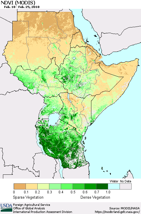 Eastern Africa NDVI (Terra-MODIS) Thematic Map For 2/21/2018 - 2/28/2018