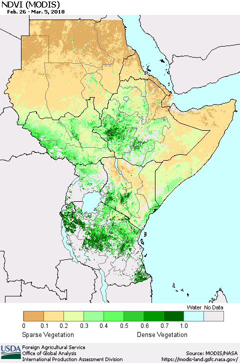 Eastern Africa NDVI (Terra-MODIS) Thematic Map For 3/1/2018 - 3/10/2018