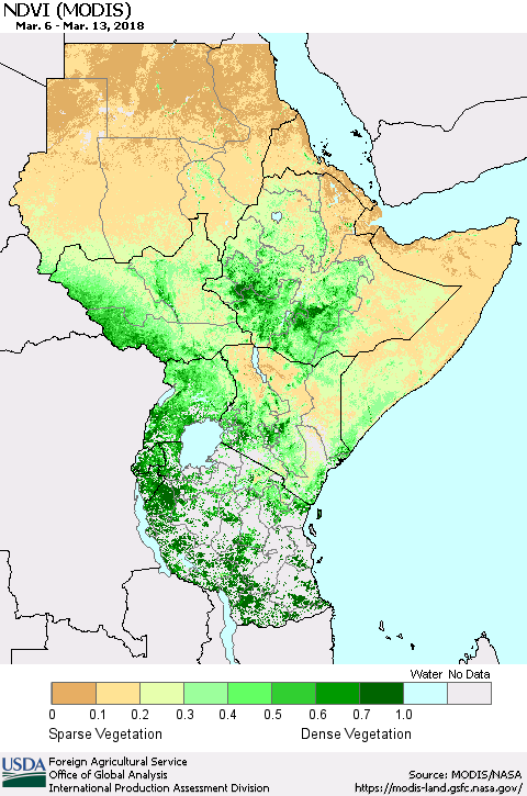 Eastern Africa NDVI (Terra-MODIS) Thematic Map For 3/11/2018 - 3/20/2018