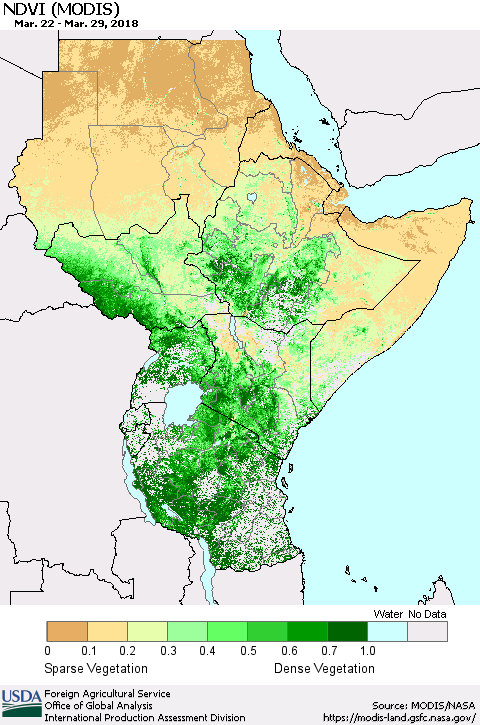 Eastern Africa NDVI (Terra-MODIS) Thematic Map For 3/21/2018 - 3/31/2018