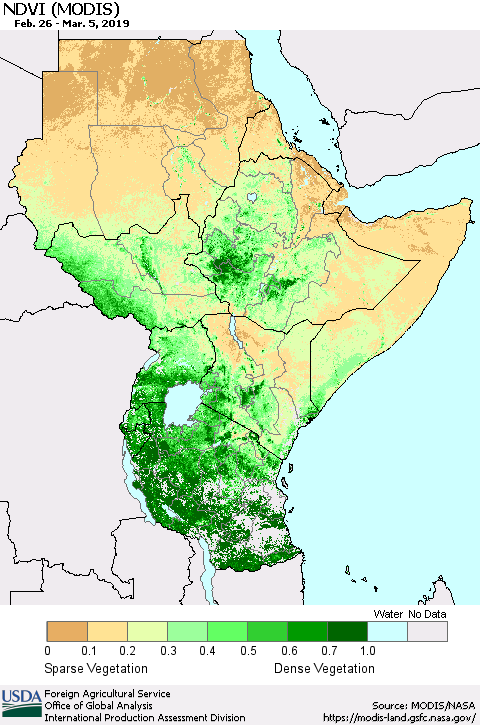 Eastern Africa NDVI (Terra-MODIS) Thematic Map For 3/1/2019 - 3/10/2019