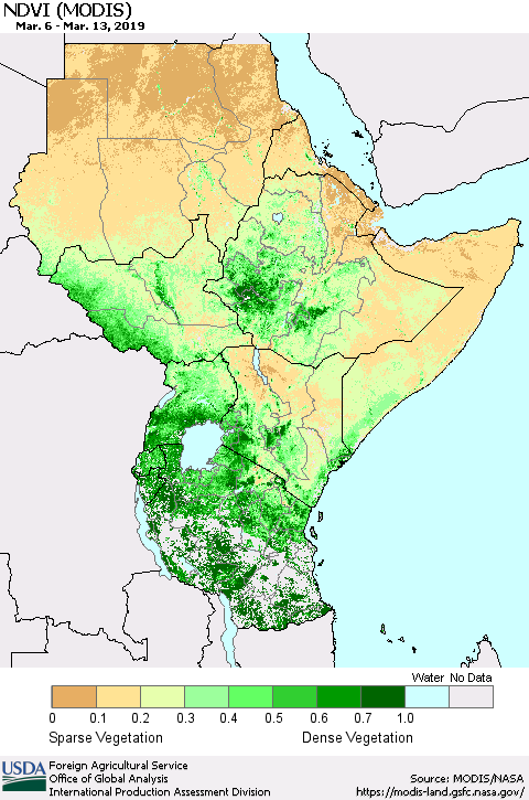 Eastern Africa NDVI (MODIS-Terra) Thematic Map For 3/11/2019 - 3/20/2019