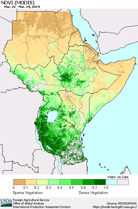 Eastern Africa NDVI (Terra-MODIS) Thematic Map For 3/21/2019 - 3/31/2019