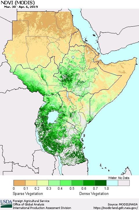 Eastern Africa NDVI (Terra-MODIS) Thematic Map For 4/1/2019 - 4/10/2019
