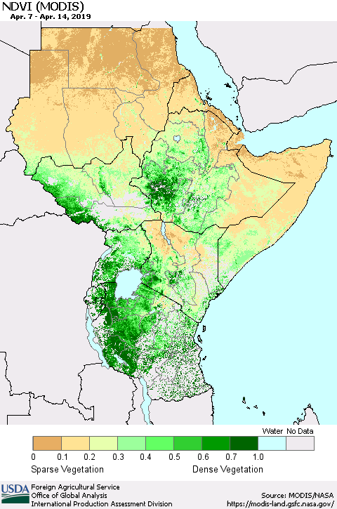 Eastern Africa NDVI (Terra-MODIS) Thematic Map For 4/11/2019 - 4/20/2019