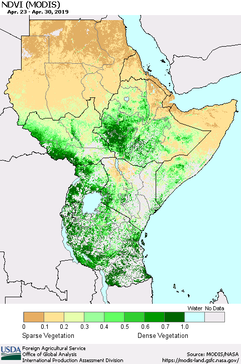 Eastern Africa NDVI (Terra-MODIS) Thematic Map For 4/21/2019 - 4/30/2019