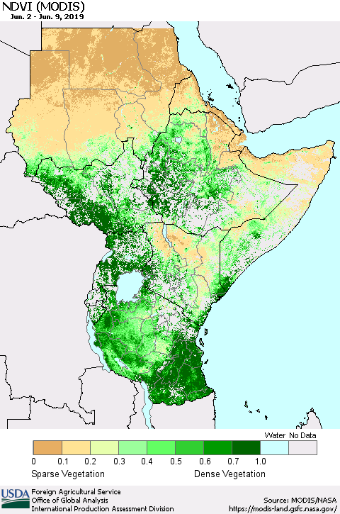 Eastern Africa NDVI (MODIS-Terra) Thematic Map For 6/1/2019 - 6/10/2019