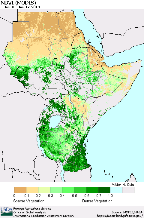 Eastern Africa NDVI (Terra-MODIS) Thematic Map For 6/11/2019 - 6/20/2019