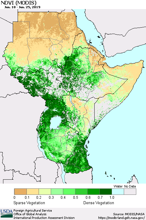 Eastern Africa NDVI (Terra-MODIS) Thematic Map For 6/21/2019 - 6/30/2019