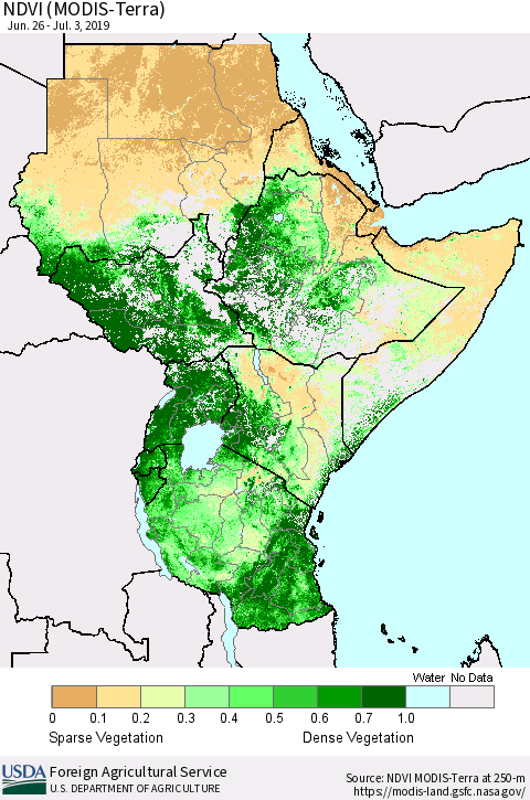 Eastern Africa NDVI (MODIS-Terra) Thematic Map For 7/1/2019 - 7/10/2019