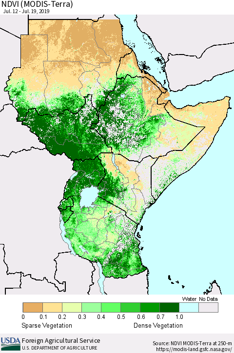 Eastern Africa NDVI (Terra-MODIS) Thematic Map For 7/11/2019 - 7/20/2019