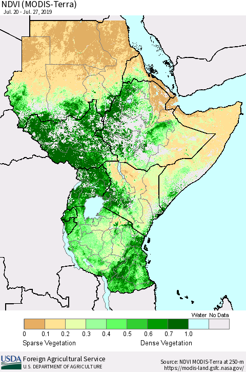 Eastern Africa NDVI (Terra-MODIS) Thematic Map For 7/21/2019 - 7/31/2019