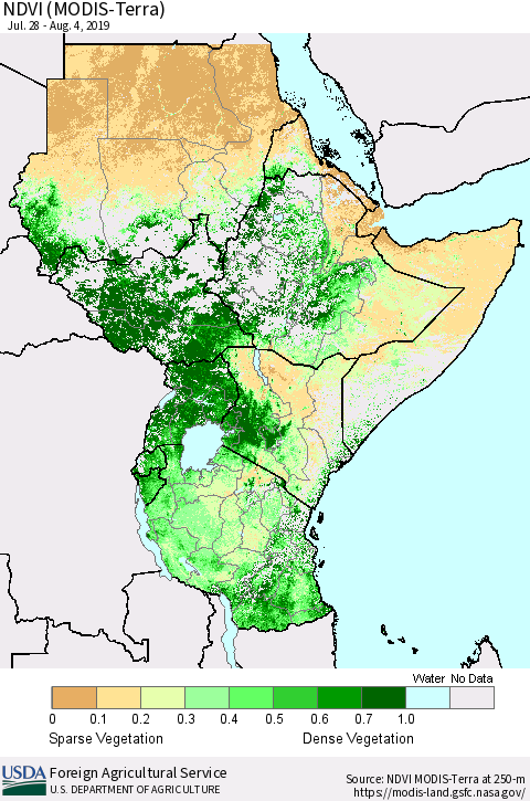 Eastern Africa NDVI (Terra-MODIS) Thematic Map For 8/1/2019 - 8/10/2019
