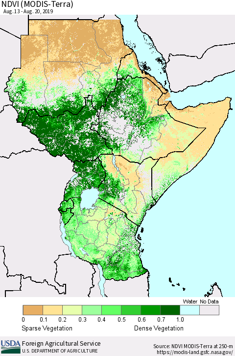 Eastern Africa NDVI (Terra-MODIS) Thematic Map For 8/11/2019 - 8/20/2019