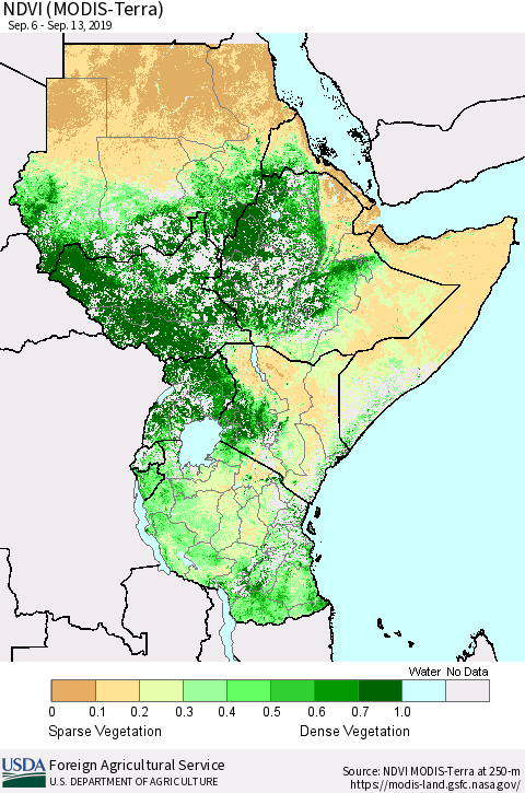 Eastern Africa NDVI (Terra-MODIS) Thematic Map For 9/11/2019 - 9/20/2019