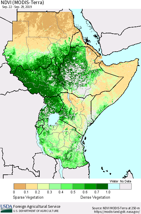 Eastern Africa NDVI (Terra-MODIS) Thematic Map For 9/21/2019 - 9/30/2019
