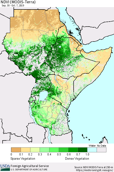 Eastern Africa NDVI (MODIS-Terra) Thematic Map For 10/1/2019 - 10/10/2019