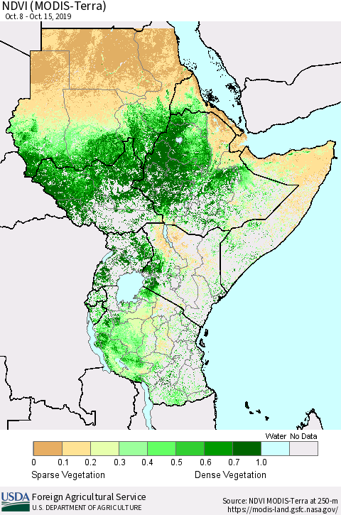 Eastern Africa NDVI (MODIS-Terra) Thematic Map For 10/11/2019 - 10/20/2019