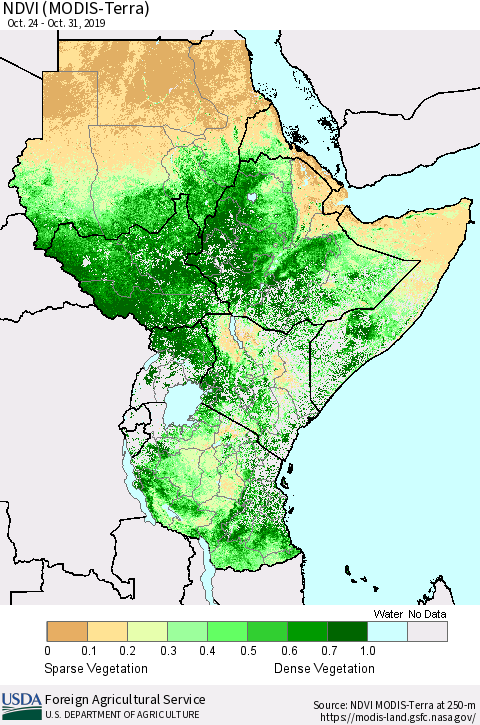 Eastern Africa NDVI (Terra-MODIS) Thematic Map For 10/21/2019 - 10/31/2019