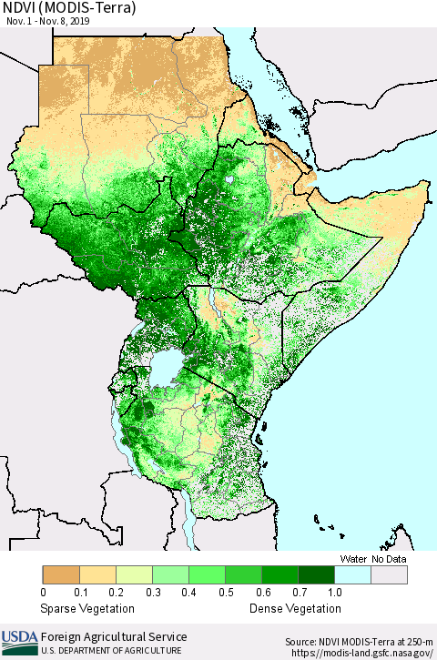 Eastern Africa NDVI (Terra-MODIS) Thematic Map For 11/1/2019 - 11/10/2019