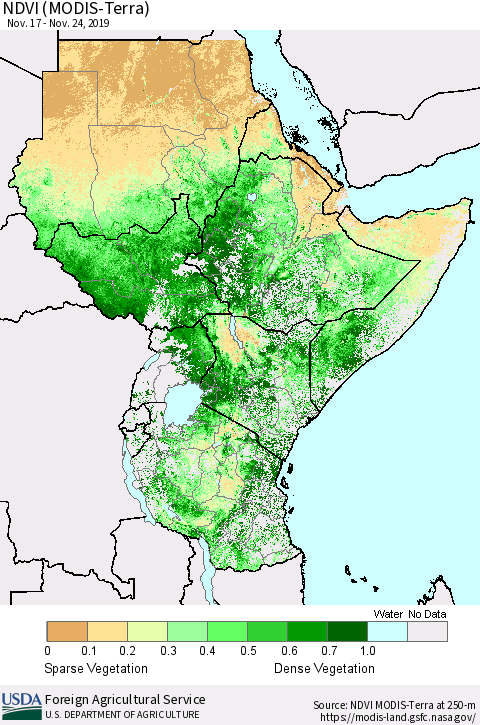 Eastern Africa NDVI (Terra-MODIS) Thematic Map For 11/21/2019 - 11/30/2019