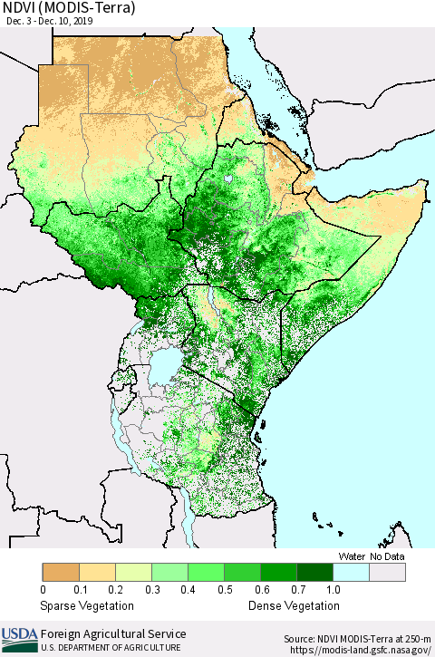 Eastern Africa NDVI (Terra-MODIS) Thematic Map For 12/1/2019 - 12/10/2019