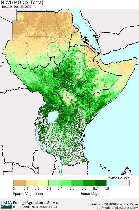 Eastern Africa NDVI (Terra-MODIS) Thematic Map For 12/21/2019 - 12/31/2019