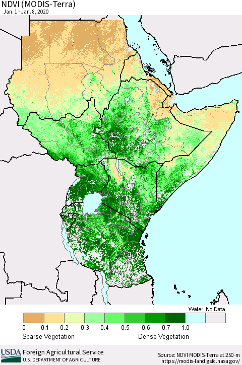 Eastern Africa NDVI (Terra-MODIS) Thematic Map For 1/1/2020 - 1/10/2020