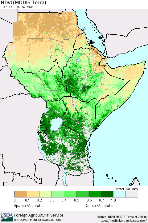 Eastern Africa NDVI (Terra-MODIS) Thematic Map For 1/21/2020 - 1/31/2020