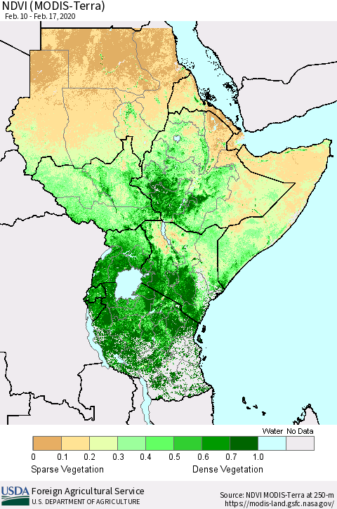 Eastern Africa NDVI (Terra-MODIS) Thematic Map For 2/11/2020 - 2/20/2020