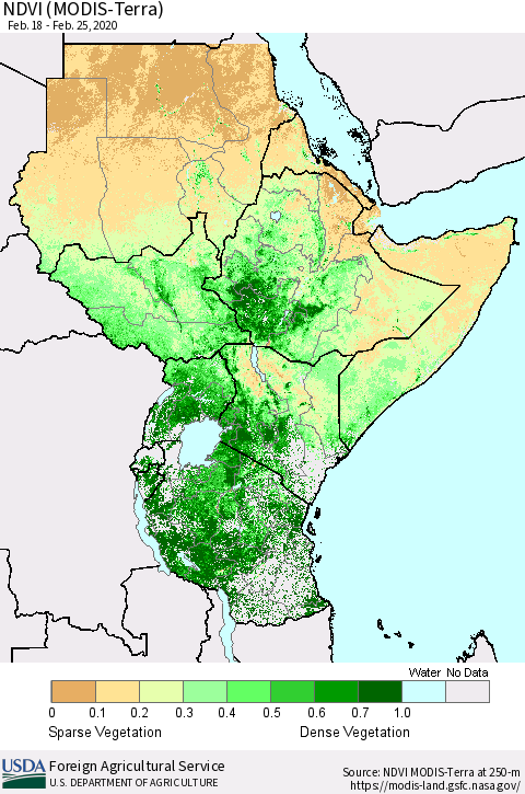 Eastern Africa NDVI (Terra-MODIS) Thematic Map For 2/21/2020 - 2/29/2020