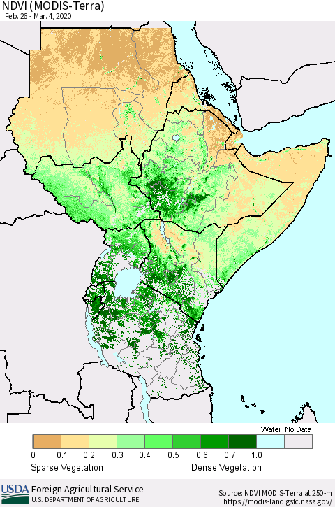 Eastern Africa NDVI (Terra-MODIS) Thematic Map For 3/1/2020 - 3/10/2020