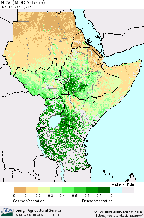 Eastern Africa NDVI (Terra-MODIS) Thematic Map For 3/11/2020 - 3/20/2020