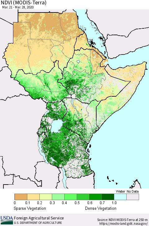 Eastern Africa NDVI (MODIS-Terra) Thematic Map For 3/21/2020 - 3/31/2020