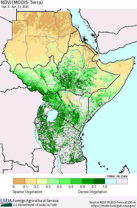 Eastern Africa NDVI (MODIS-Terra) Thematic Map For 4/11/2020 - 4/20/2020