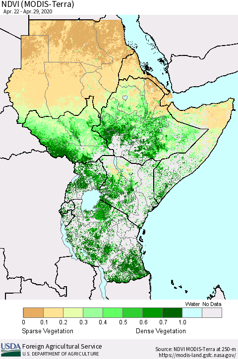 Eastern Africa NDVI (MODIS-Terra) Thematic Map For 4/21/2020 - 4/30/2020
