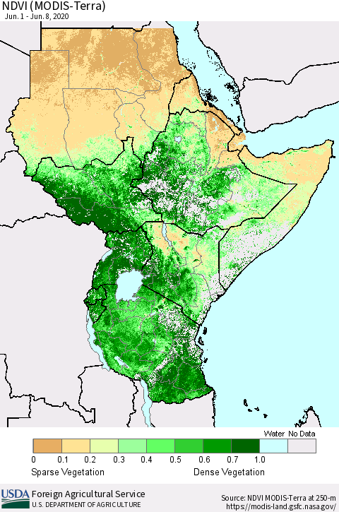 Eastern Africa NDVI (MODIS-Terra) Thematic Map For 6/1/2020 - 6/10/2020